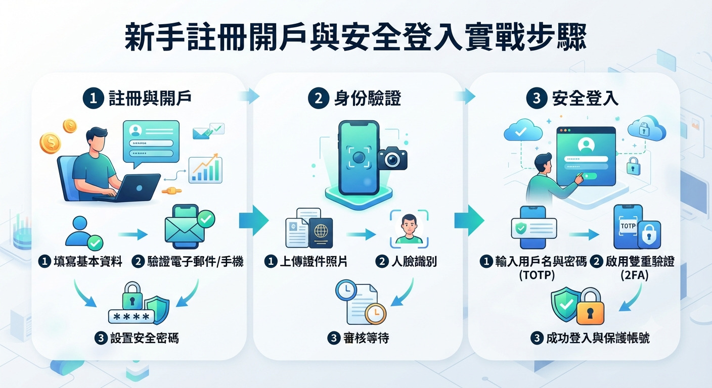 這張圖片展示了新手註冊開戶與安全登入的實戰步驟。 內容包含註冊開戶、身份驗證以及安全登入三個主要流程。